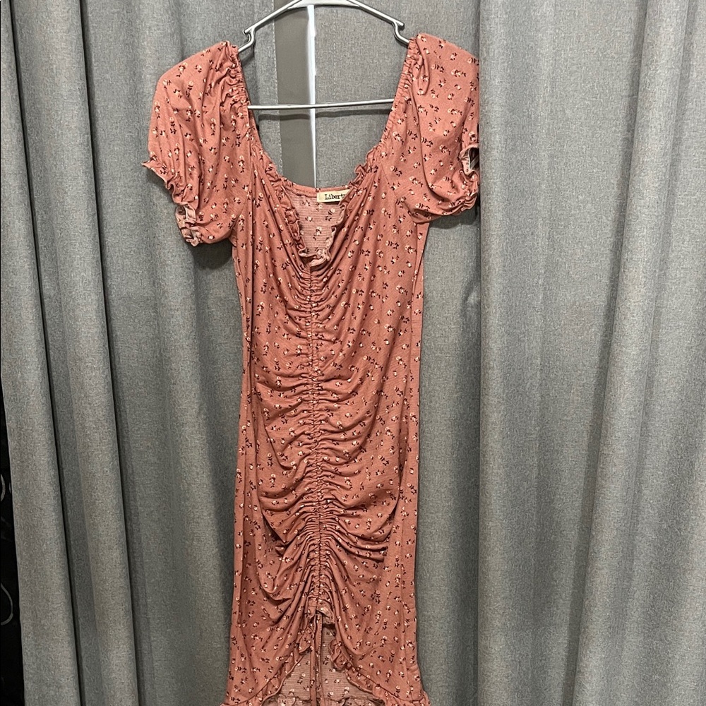 Liberty Love Ruched Floral Midi Dress in Pink